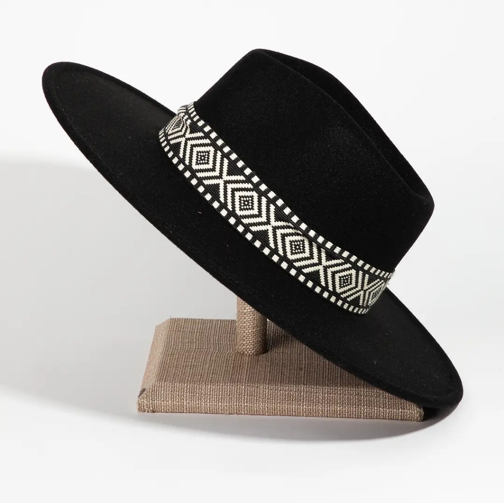 Black Wide-Brim Fedora Hat with Geometric Band